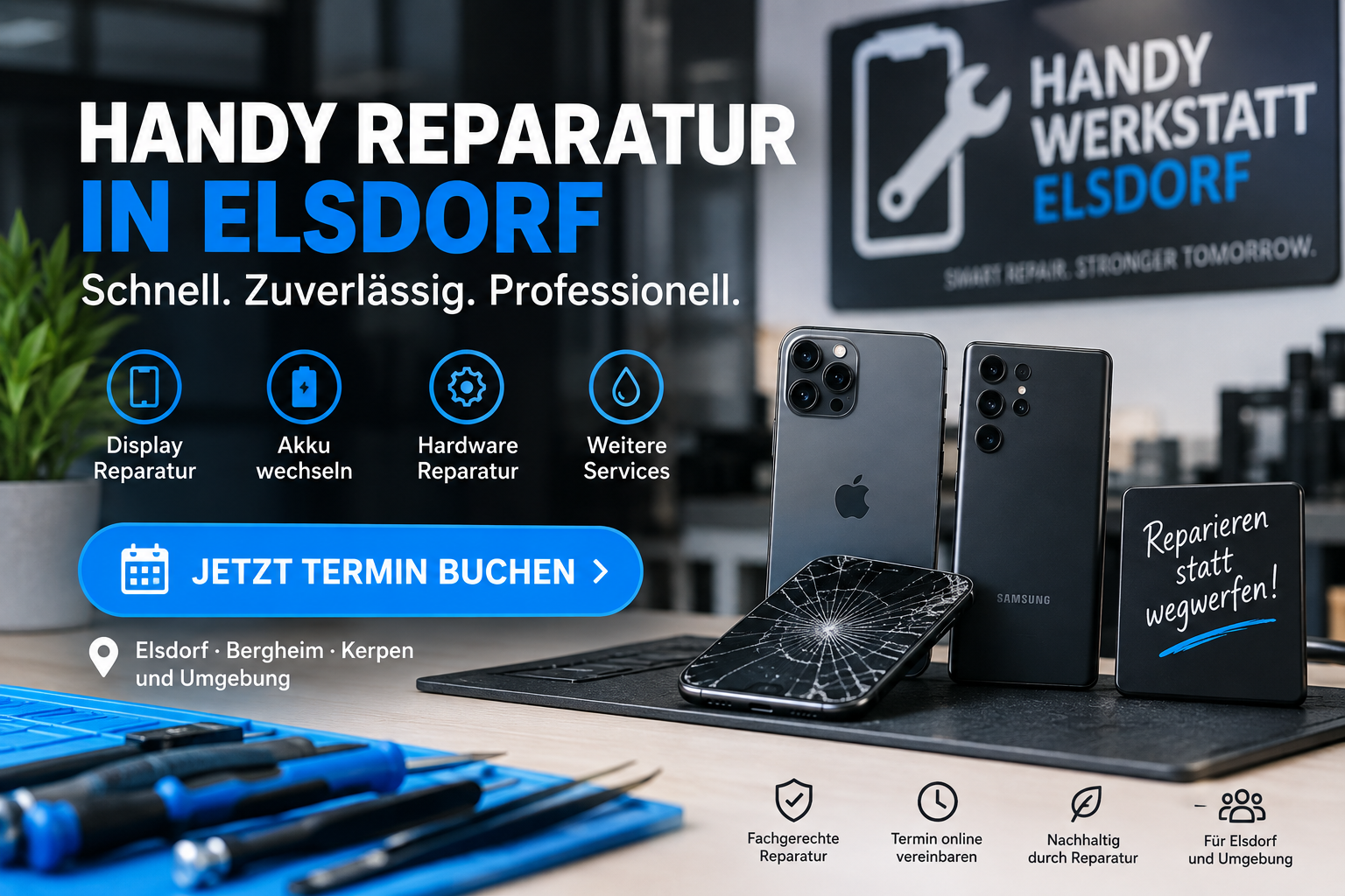 Handy Reparatur in Elsdorf – Smartphone Display- und Akku-Reparatur mit Online-Terminbuchung
